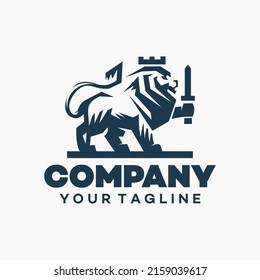 Heraldry Lion with Crown and sword Logo Mascot Vector illustration