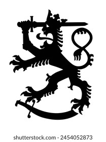 Heraldischer Löwe mit Krone und Schwert Vektorgrafik Silhouette Illustration isolierter Hintergrund. Nationalwappen Finnlands Wappensymbol. Finnland COA Form Schatten. Angry Beast Royal Noble Crest. 
