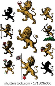 Heraldry Lions Hand-Drawn Historic Crest Images in Vector