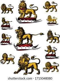 Heraldry Lions Hand-Drawn Historic Crest Images in Vector