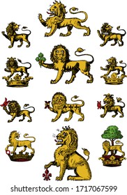 Heraldry Lions Hand-Drawn Historic Crest Images in Vector