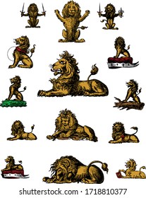 Heraldry Lions Hand-Drawn Historic Crests in Vector