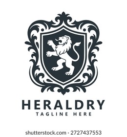 Logotipo de Heraldry con el león en el escudo y el icono de Elementos de diseño adornados