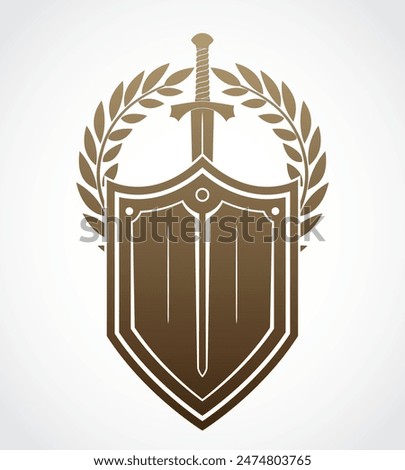 heraldry logo shield with sword and laurel wreath brown gold color sign