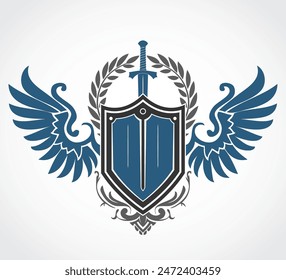 logo de heraldry escudo alado con espada y corona de laurel color simple signo ornamental