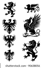 Heraldry ornament set, with griffin,eagle and lion,black colored.