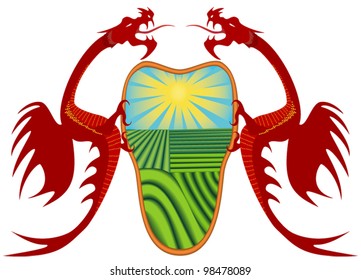 Heraldry, red dragons holding a shield, file EPS.8 illustration.