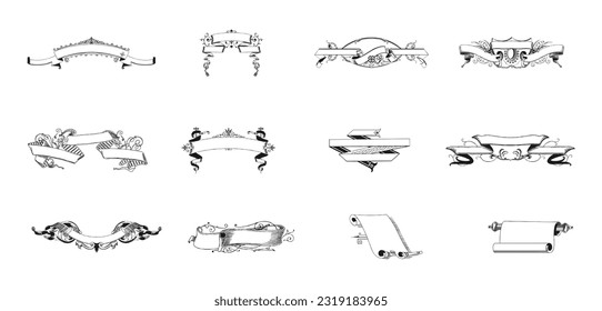 Kräuterband Silhouette Vektor-Kollektion, handgezeichnete Bänder aus Vintage, Bannerset. heraldische Vorlagen, königliche Scrollbanner, Vektorgrafik, Sketchy-Gravierungsstil-Etiketten