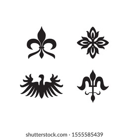 Heraldry royal symbols and decorative elements black icons set vector illustration isolated on white background. Vintage animal and flowers emblems silhouettes.