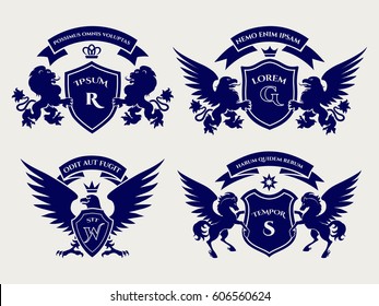 Heraldry royal symbols with horses and lions and eagles. Crests logo vector design