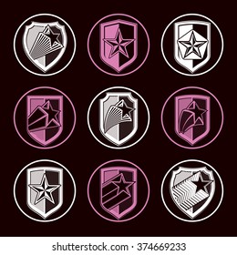 Heraldry, set of military forces vector emblems. Detailed shields with pentagonal star, sheriff decorative blazon. 