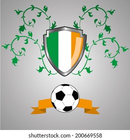 a heraldry shield with a flag of ireland, a ribbon and a soccer ball
