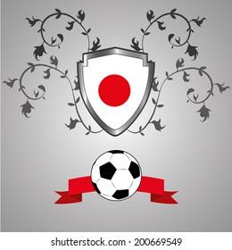 a heraldry shield with the japanese flag, a ribbon and a soccer ball