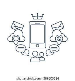 Heraldry, sign, logo. Phone, smartphone crown, tablet, pad, cloud, envelope, Email, bubble, avatar, mark map. Isolated, black color, white background. Illustration, vector EPS 10