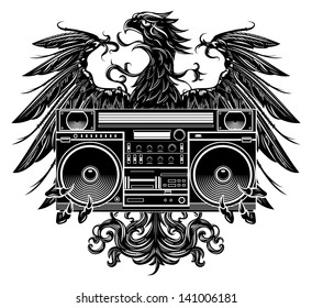 Heraldry style eagle holding a boombox t-shirt design