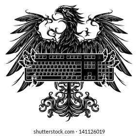 Heraldry style eagle holding a keyboard