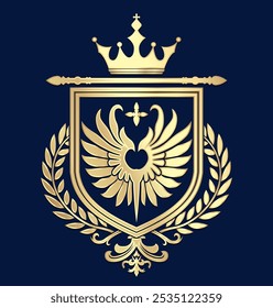 heraldry symbol with crown wings and laurel wreath gold logo
