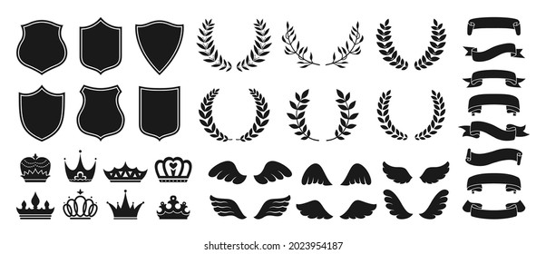 Heraldry vintage badge icon set. Blazon different crown shield, ribbon, wing and laurel wreath for coat of arms. Various decorative royal knight shields or emblems vector