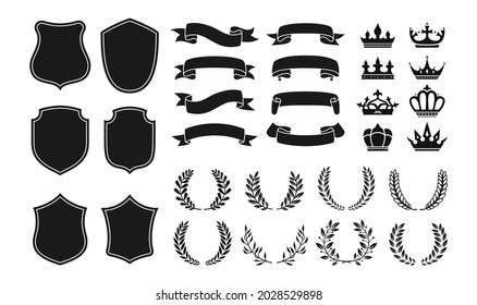 Heraldry vintage badge icon set. Blazon different crown shield, ribbon and laurel wreath for coat of arms. Various decorative royal knight shields or emblems vector