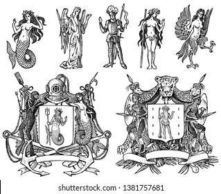 Heraldry in vintage style. Engraved coat of arms with animals, birds, mythical creatures, fish, dragon, unicorn, lion. Medieval Emblems and the logo of the fantasy kingdom.