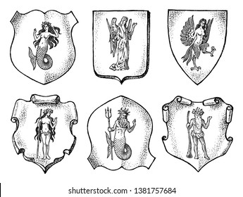 Heraldry in vintage style. Engraved coat of arms with animals, birds, mythical creatures, fish, dragon, unicorn, lion. Medieval Emblems and the logo of the fantasy kingdom.