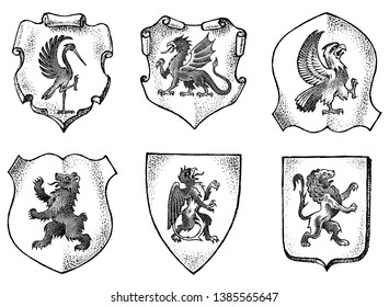 Heraldry in vintage style. Engraved coat of arms with animals, birds, mythical creatures, fish. Medieval Emblems and the logo of the fantasy kingdom.