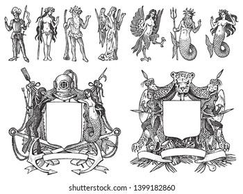 Heraldry in vintage style. Engraved coat of arms with animals, birds, mythical creatures, fish, dragon, unicorn, lion. Medieval Emblems and the logo of the fantasy kingdom