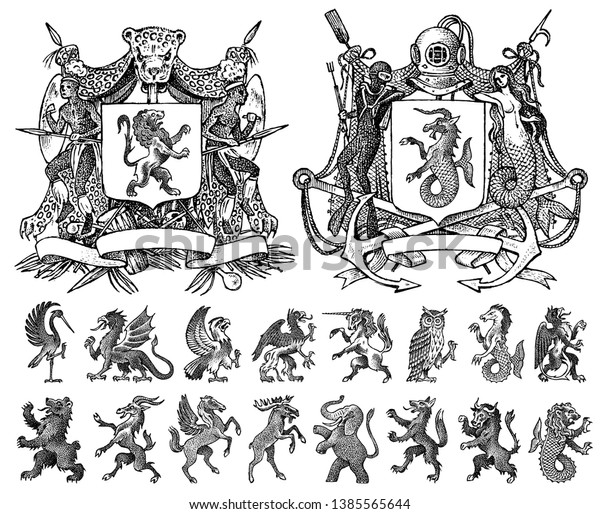 Heraldry in vintage\
style. Engraved coat of arms with animals, birds, mythical\
creatures, fish, dragon, unicorn, lion. Medieval Emblems and the\
logo of the fantasy\
kingdom.