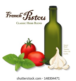 Herb Blend, Pistou, French Provencal sauce for soup, pasta, vegetables. Sweet Basil, garlic, San Marzano plum tomatoes, olive oil bottle. See other herbs and spices in this series. EPS8 compatible.