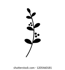 Herb branch with leaves and berries.  Black and white isolated vector illustration. 