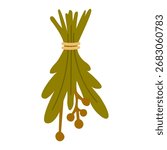 Herb bunch tied with rope in flat cartoon style isolated illustration for harvest cooking and rustic themes