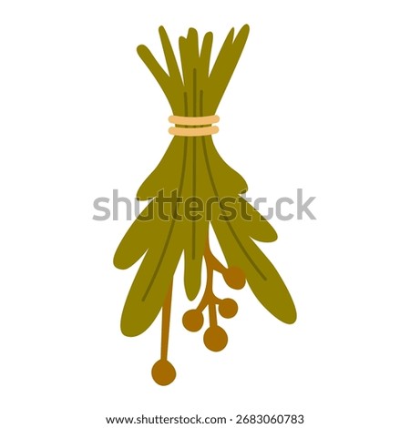 Herb bunch tied with rope in flat cartoon style isolated illustration for harvest cooking and rustic themes