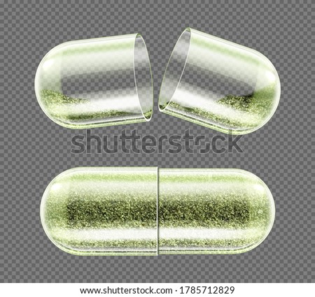 Herb capsule, nutritional supplement, powder pills close and open. Herbal medicine, pharmaceutical natural remedy, organic drug isolated on transparent background. Realistic 3d vector illustration