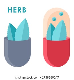 Pegatina de la cápsula de hierba montada sobre fondo blanco aislado. Pastillas de vitamina para pancarta social, afiche médico, plantilla web o huella de tela. Logo de la tienda de productos químicos o tarjeta de información. Ilustración vectorial de estilo plano