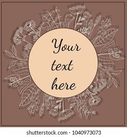 Herb Composition Cover  for Your Design Chamomile Milfoil Sambucus Cardamon Orange Flowers Liquorice Anisum Juniper Mint Rhubarb Composition in Warm Tones