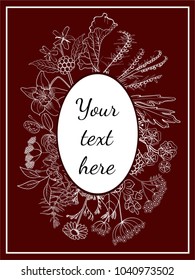 Herb Composition Cover  for Your Design Orange Flowers Almond Juniper Vanilla Anisum Chamomile Sambucus Coriandrum Coffee Rhubarb Sagebrash Raspberries Milfoil Hand draw White on Red Background