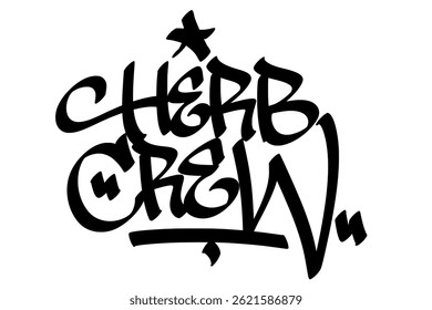 Etiqueta de graffiti "Herb Crew" en estilo atrevido de arte callejero. Letras dibujadas a mano con un ambiente suave y rebelde, perfectas para la cultura del cannabis, temas stoner, diseños de streetwear y proyectos de arte urbano	