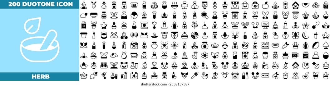 Herb Duotone Editable Icons set. Vector illustration in modern thin duotone style of herb icons: herb, capsule, pharmacy, etc