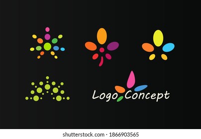 Herb diseño de conjunto de logotipo vectorial con estilo de dibujos animados planos. Reunión de íconos aislados de marihuana médica sobre fondo negro. Flores coloridas abstractas para medicina y farmacia