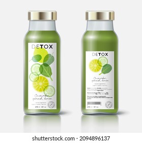 Herb and fruits detox mix. Cucumber, lemon, spinach, mix. Beautiful transparency whole and cut fruits. Bottle template with face and back labels.