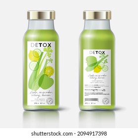 Herb and fruits detox mix. Cucumber, lime, celery and apple mix. Beautiful transparency whole and cut fruits. Bottle template with face and back labels.