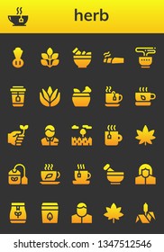 herb icon set. 26 filled herb icons.  Collection Of - Chives, Tea, Spinach, Mortar, Marijuana, Aloe vera, Eco friendly, Pharmacist, Prairie, Tea bag, Bulrush