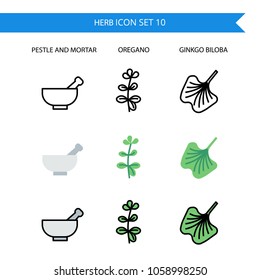 Herb Icon Set.Pastle and mortar,Oregano,Ginkgo Biloba.