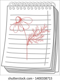 Herb medicinal chamomile on notebook background. Hand drawing, sketch. Vector illustration of wild plants for labels, packaging.