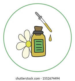 Herb oil bottle with chamomile leaf and pipette. Natural product for relaxation, aromatherapy, medicine, health care. Hand drawn icon isolated on white background and in circle.
