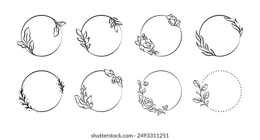 Herb round frame. Flower in circle logo. Minimal floral ring branch. Botanical element minimalist line design.
