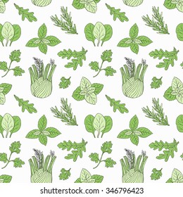 Herb seamless pattern. Surface hand drawn decoration with mint, spinach, basil, parsley. Vector illustration. Cloth design, wallpaper, wrapping.