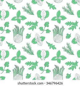 Herb seamless pattern. Surface hand drawn decoration with mint, spinach, basil, parsley. Vector illustration. Cloth design, wallpaper, wrapping.