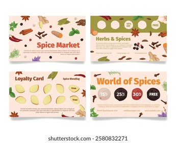 Herb and spice market loyalty card special offer coupon design template set vector illustration. Culinary condiment shop store botanical flavoring cooking ingredient voucher for bonus