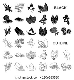 Herb and spices black icons in set collection for design.Different kinds of seasonings vector symbol stock web illustration.